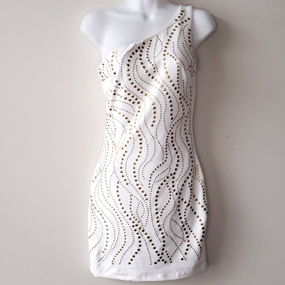 Bebe White And Gold Studs One Shoulder Dress - Picture 2 of 9